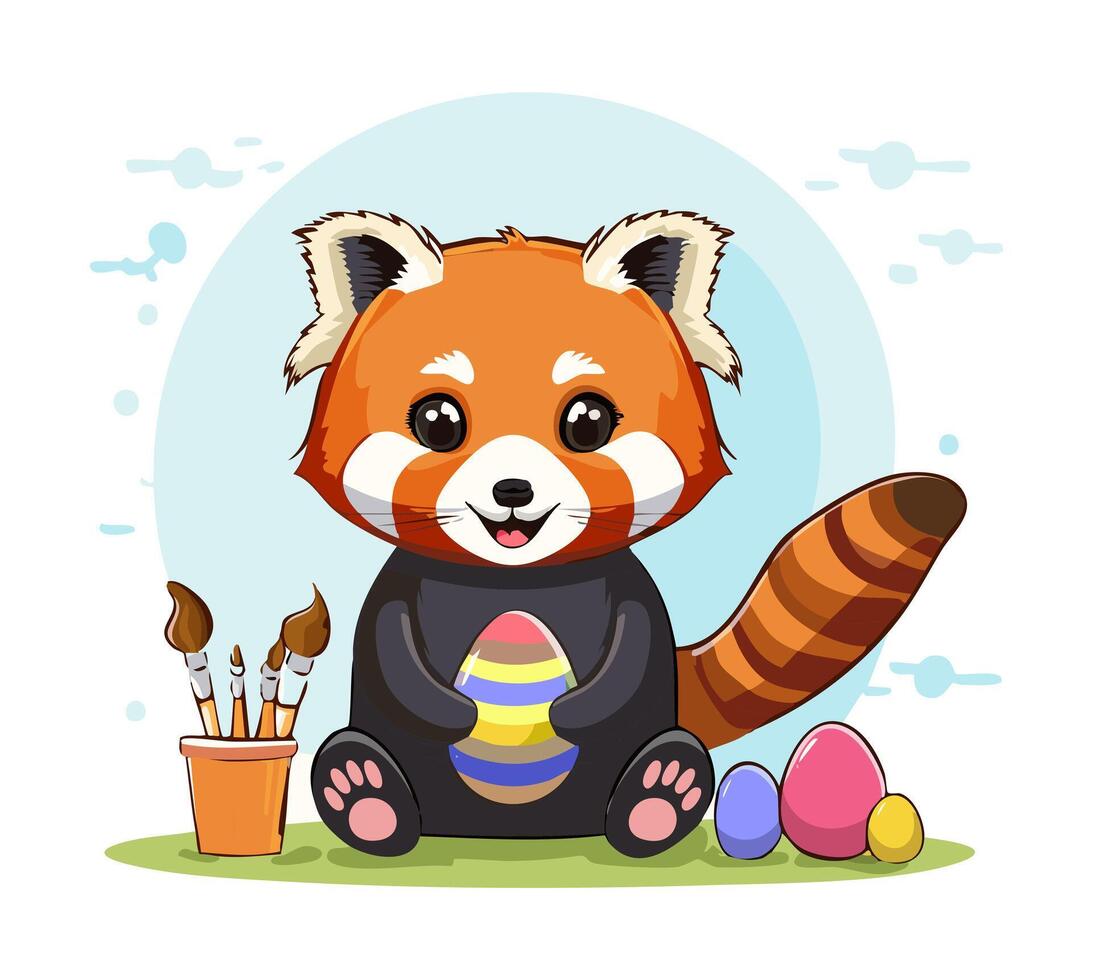 Cute Red Panda painting eggs vector