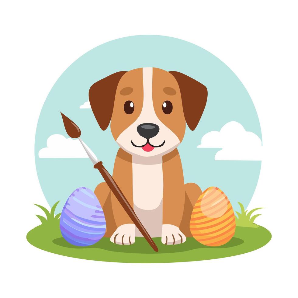 Cute Dog painting eggs vector
