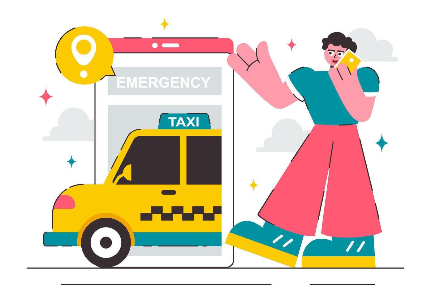 Quick Taxi Request with Mobile App Interface and Emergency Call vector