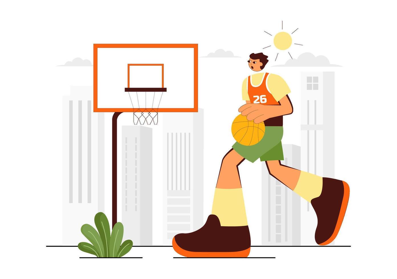 Flat Style of a Happy Young Man Playing Basketball in a Tournament Court Scene vector