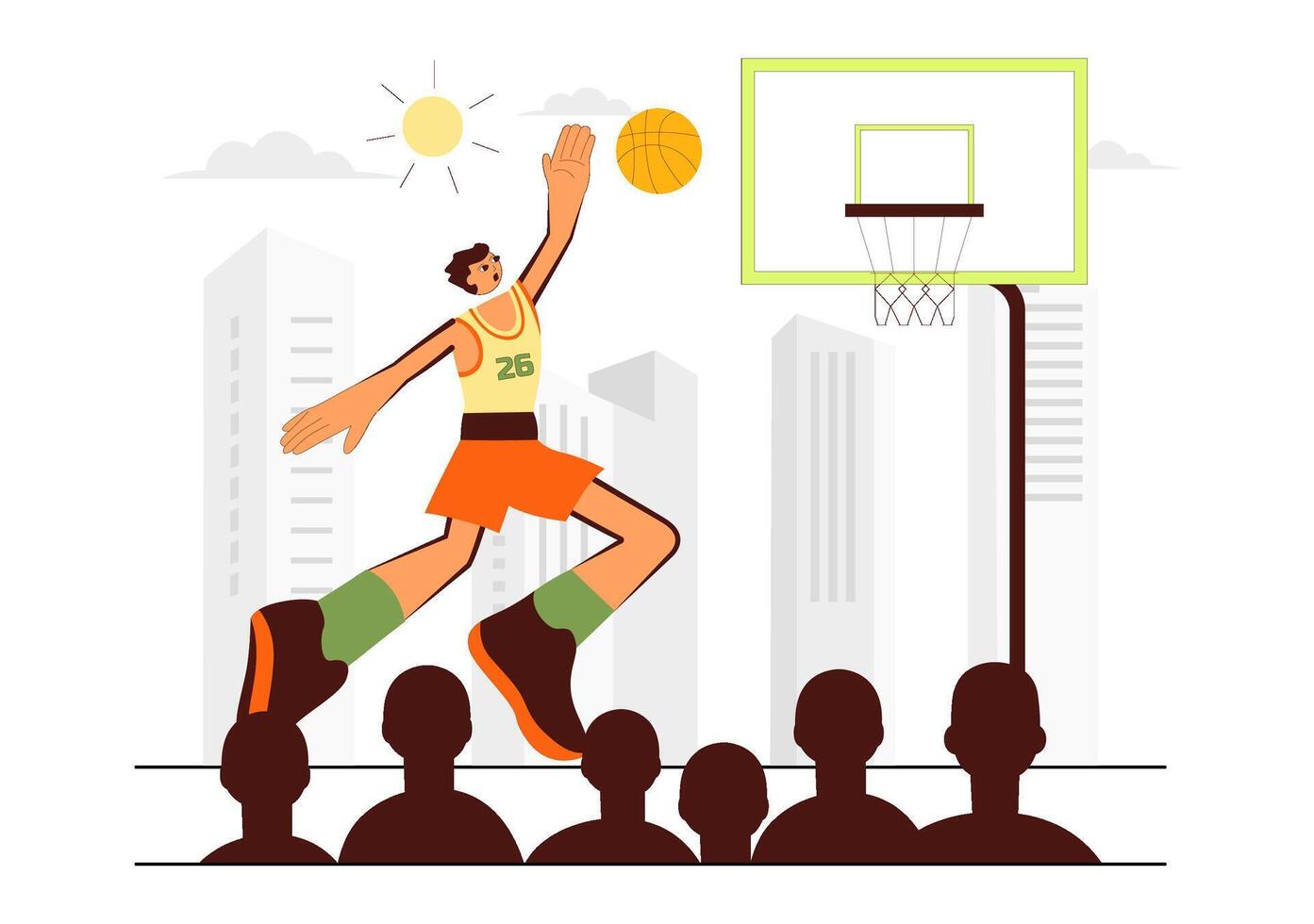 Youth Basketball Match Featuring Smiling Player in Uniform on Flat Background vector