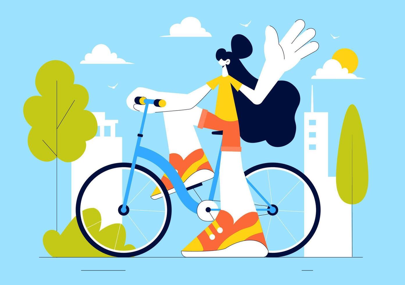 World Bicycle Day Concept Art with a Cyclist on a Road Surrounded by Urban Buildings and Green Trees vector