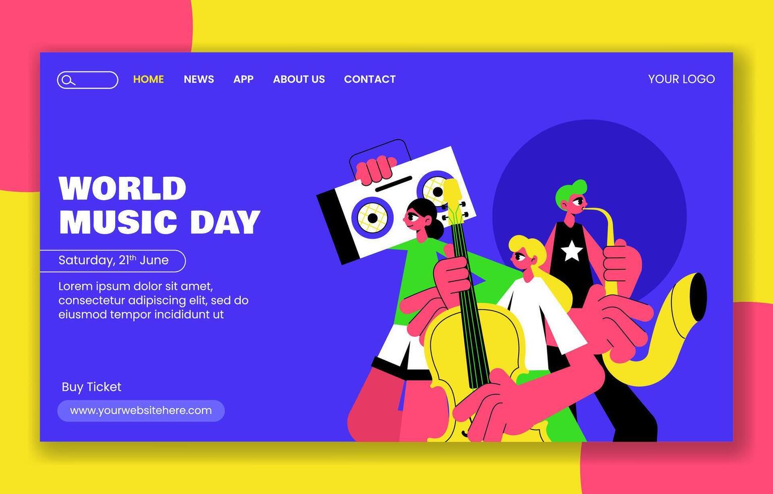 Flat Social Media Landing Page Template Celebrating World Music Day in Cartoon Style vector