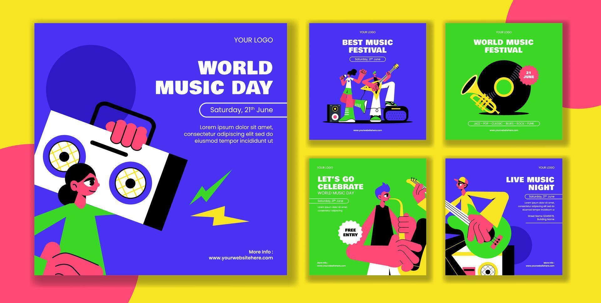 Flat Cartoon Social Media Post Template for World Music Day Celebration with Hand Drawn Style vector