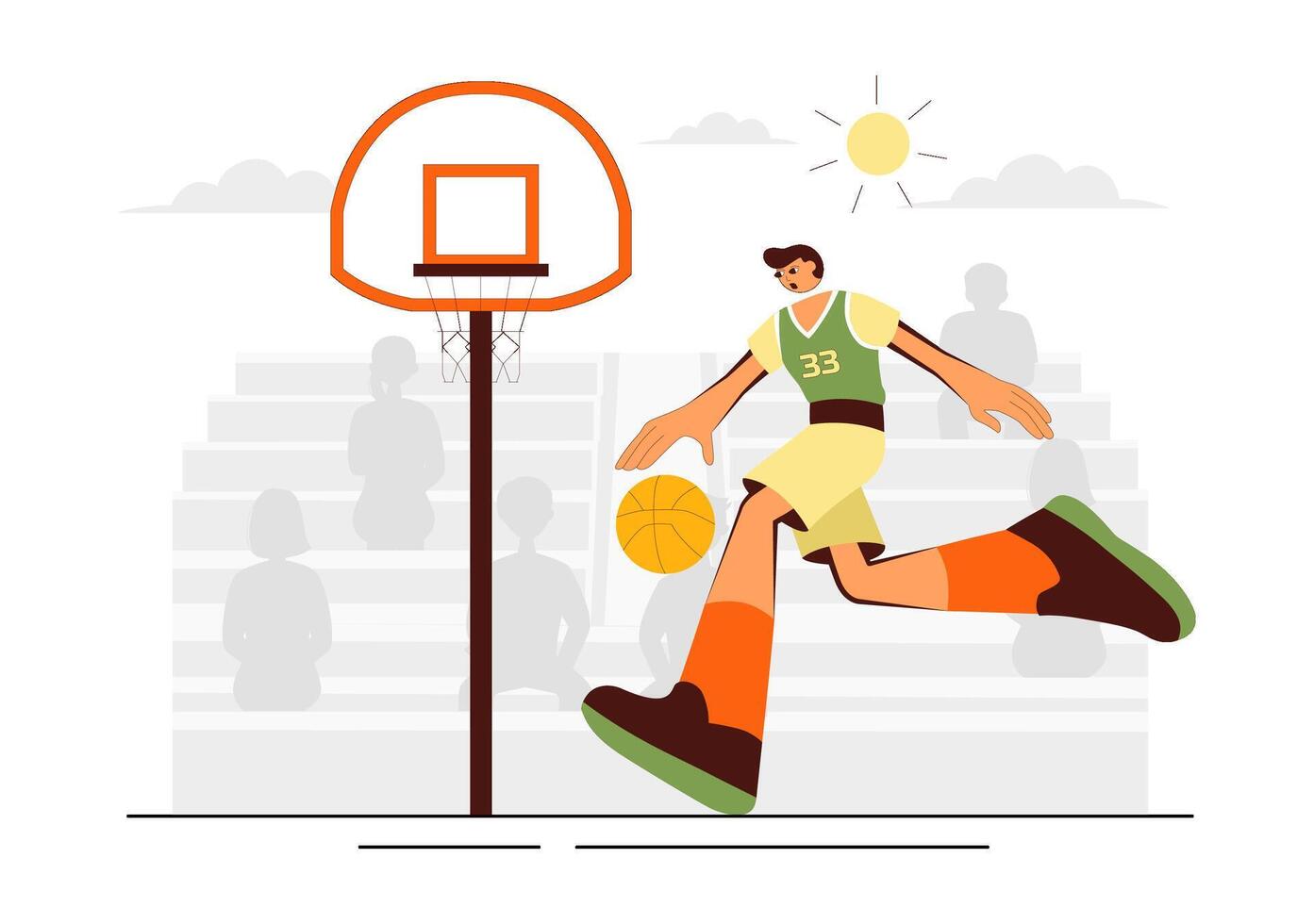 Illustration of Smiling Young Basketball Player in Action on a Flat Style Court Background vector