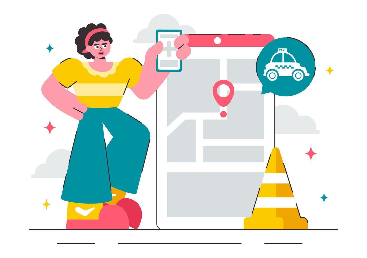 Urgent Taxi Call Illustration with Mobile App Interface and GPS Marker vector