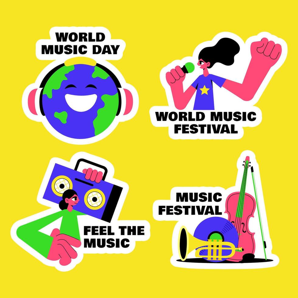 Social Media Label for World Music Day in Fun Cartoon Flat Illustration Style vector
