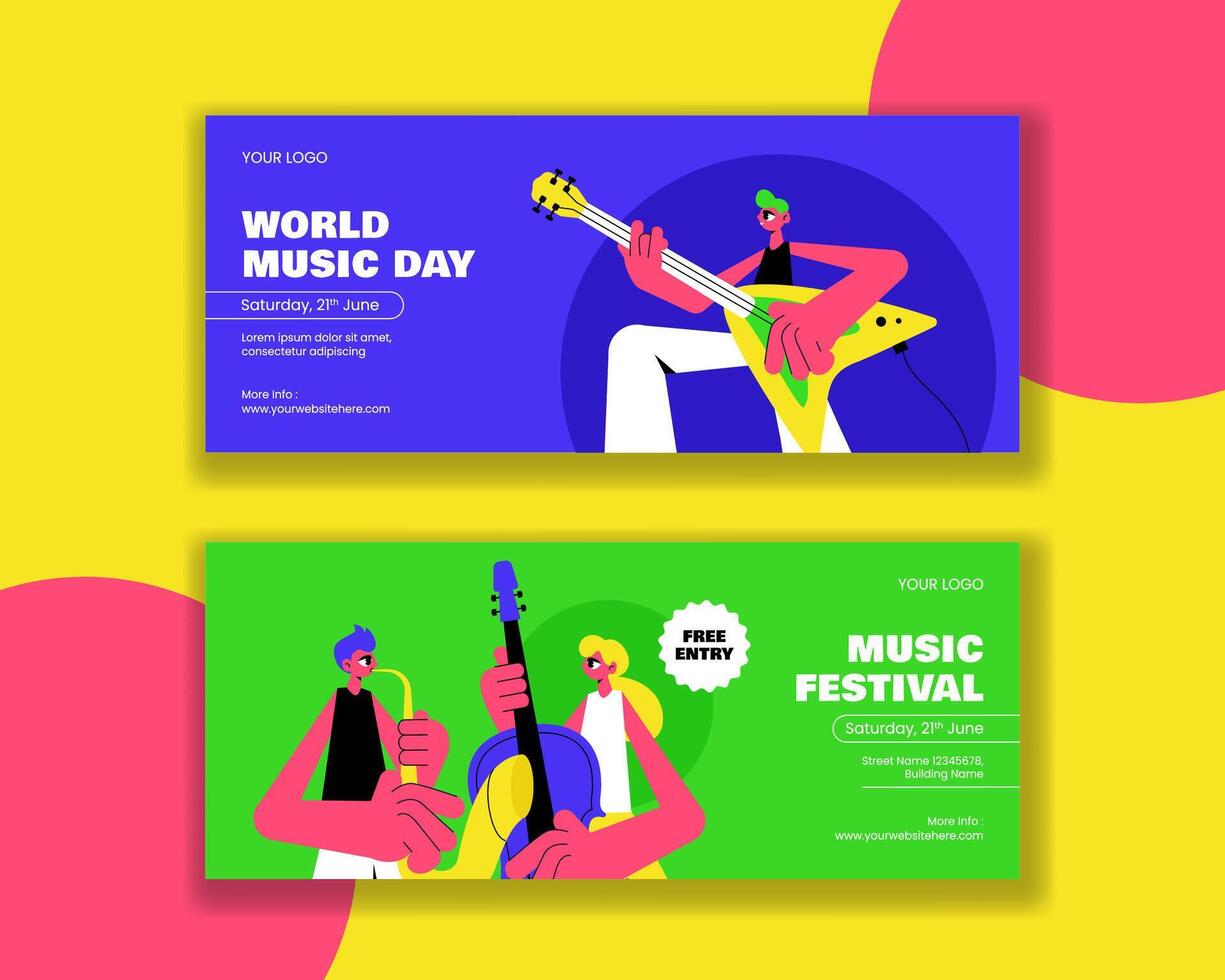 Music Festival Horizontal Banner Template in Hand-Drawn Flat Cartoon Style for World Music Day vector