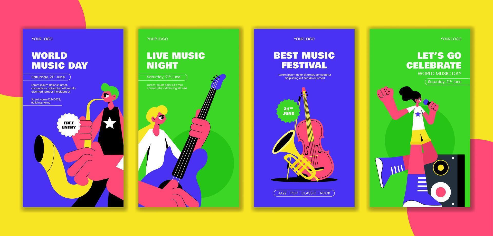 World Music Day Social Media Stories Illustration with Flat Cartoon and Festive Background Design vector