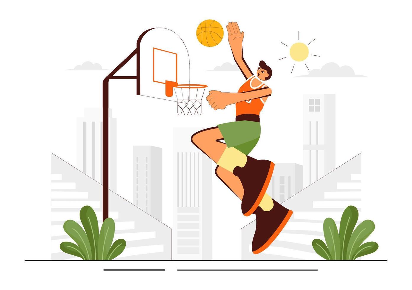 Basketball Tournament of a Cheerful Young Man on a Court in Flat Design Style vector