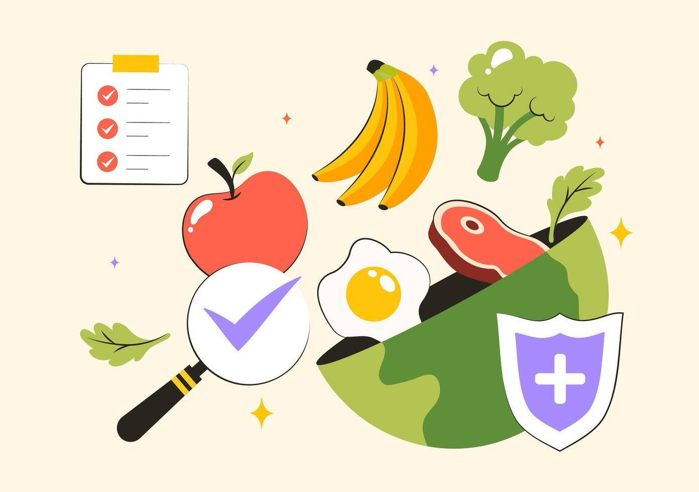 Educational for June 7 World Food Safety Day Featuring Fresh Food and Safety Icons vector