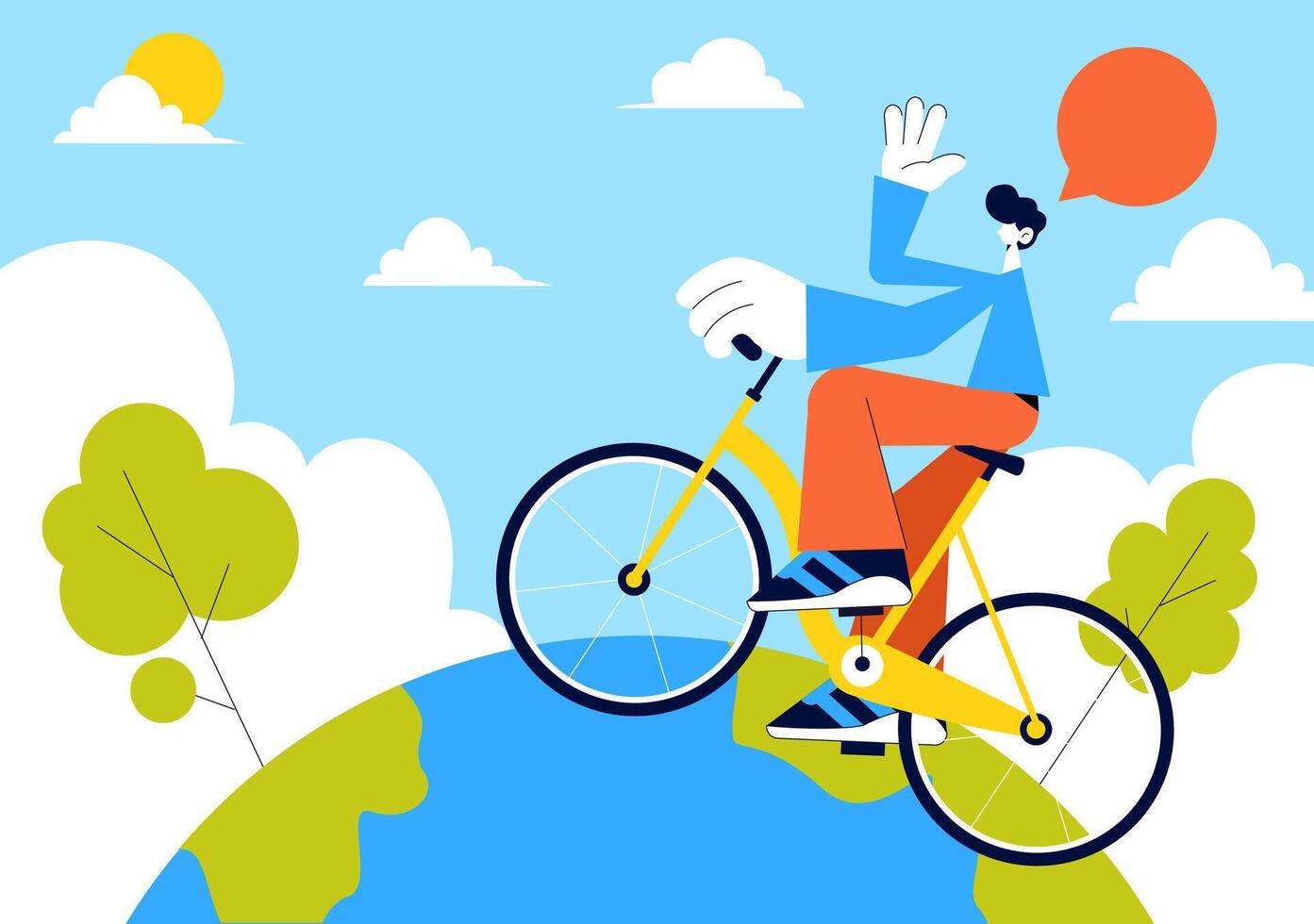 Person Biking on World Bicycle Day Flat Style Cartoon with Trees vector