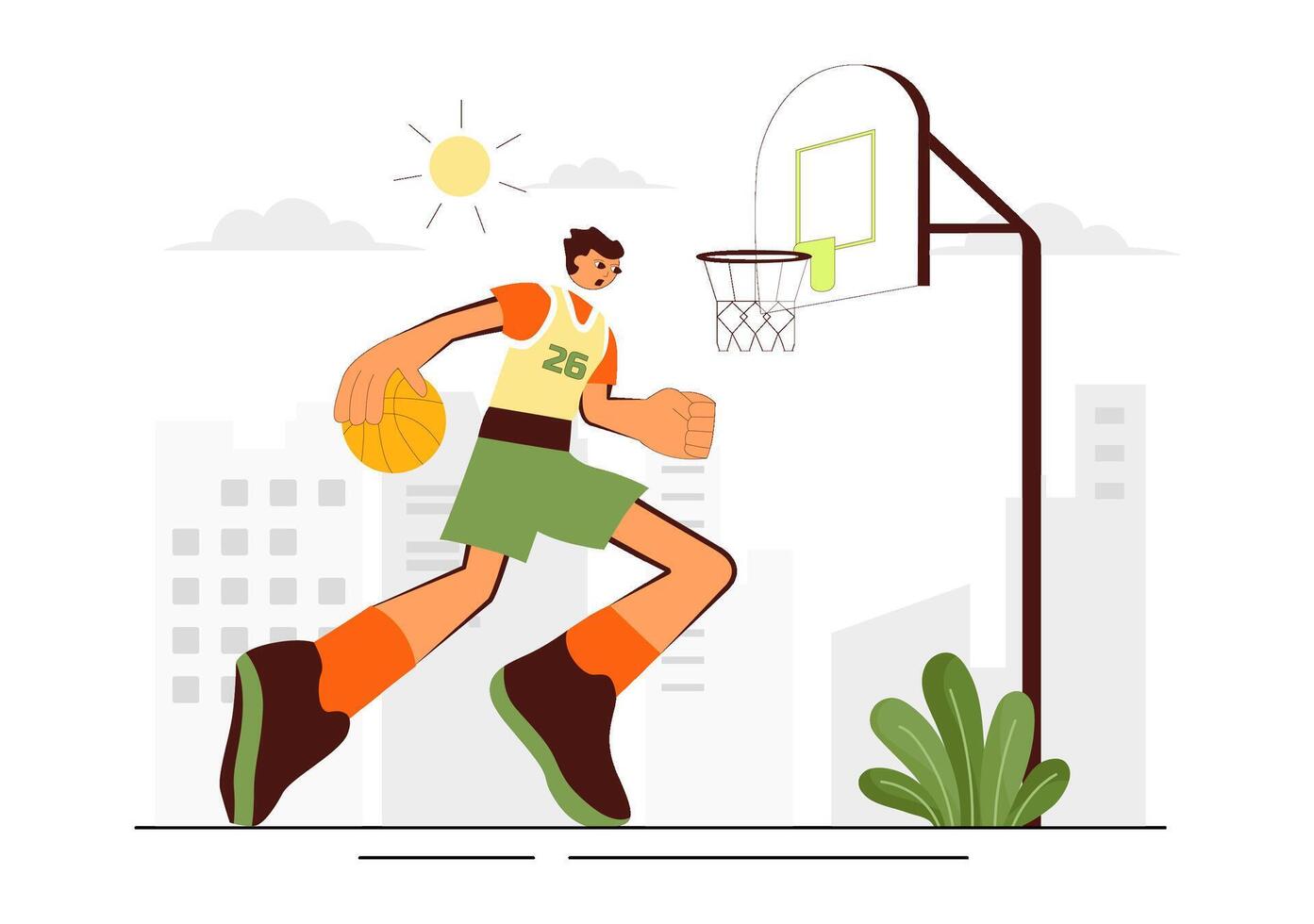 Flat Style of a Young Man Playing Basketball in Tournament Setting vector
