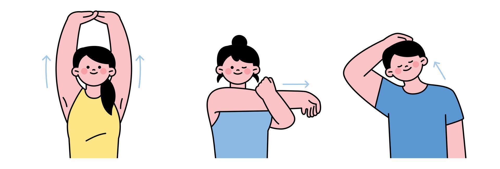 Flat illustration of people stretching arms, neck, and shoulders, great for fitness, warm-up, wellness, and health education content. vector