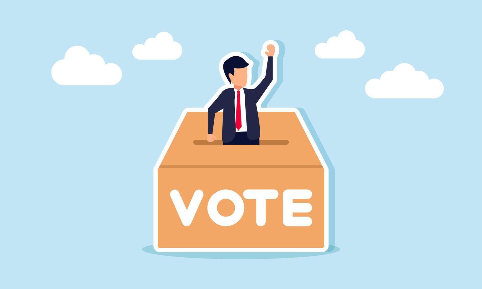 A businessman emerges from a vote box, illustration of an invitation to participate in voting vector