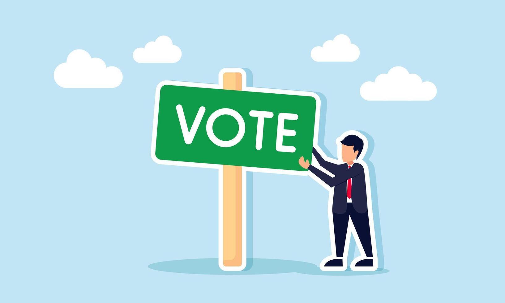 A businessman adjusts the position of a board that says VOTE, illustration of a campaign to encourage voting vector