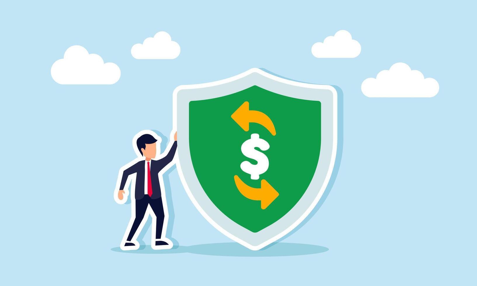 Businessman standing next to a shield with a dollar and recycle symbol, illustration of financial insurance in business financial circulation vector