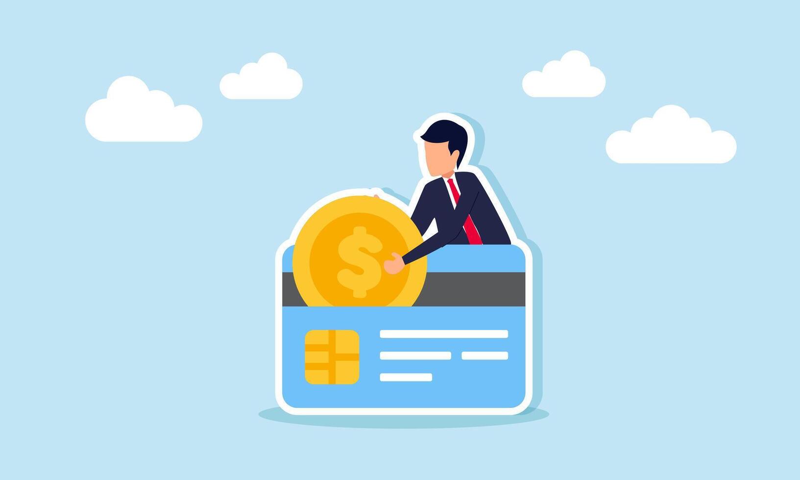 A businessman pulls and takes a dollar coin from a debit or credit card, illustration of gaining profit from owning credit and debit cards vector