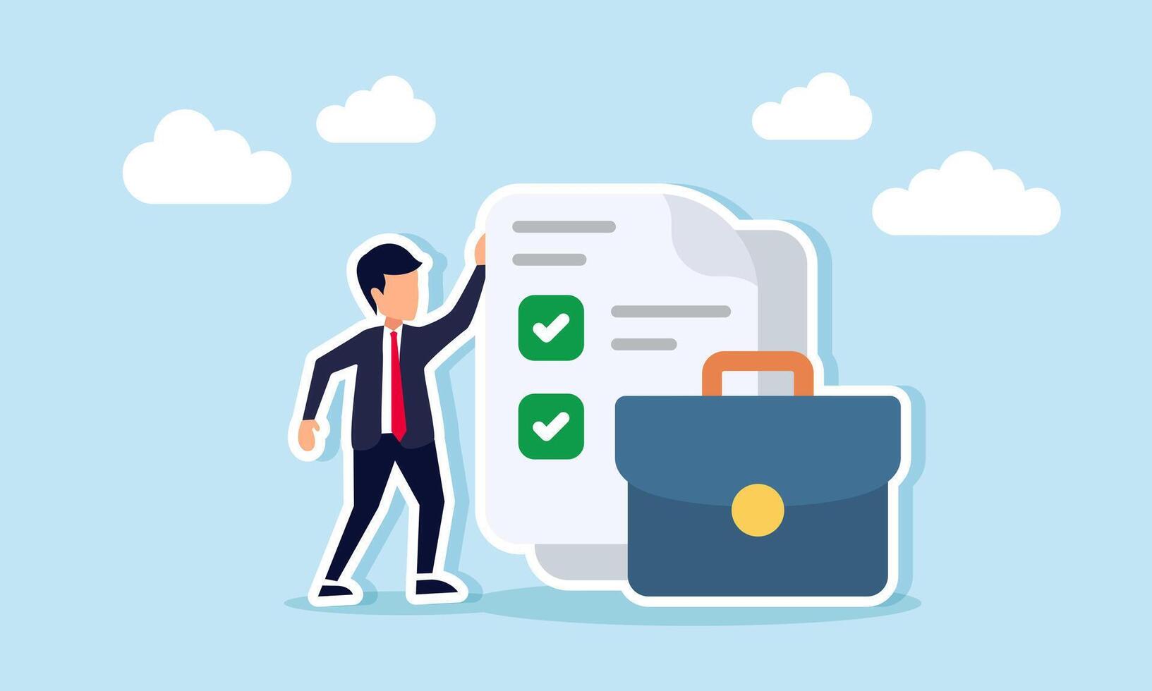 A businessman standing next to a briefcase and a paper with a checklist, illustration of completing a business job task list vector