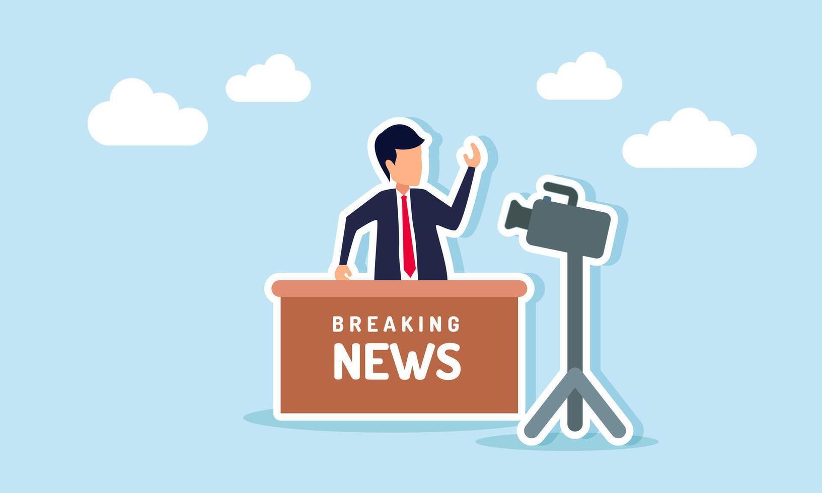 Businessman broadcasts breaking news, illustration of reporting important and ongoing events live through media for fast and accurate public information delivery vector