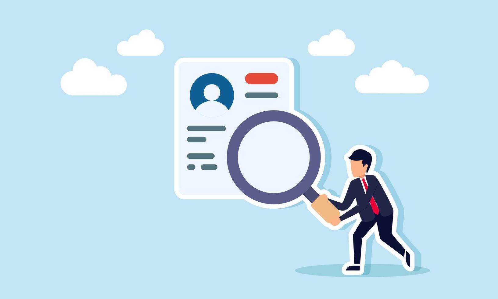 A businessman holding a magnifying glass observing a CV or curriculum vitae, illustration of reviewing or analyzing the capacity of a searched employee candidate vector