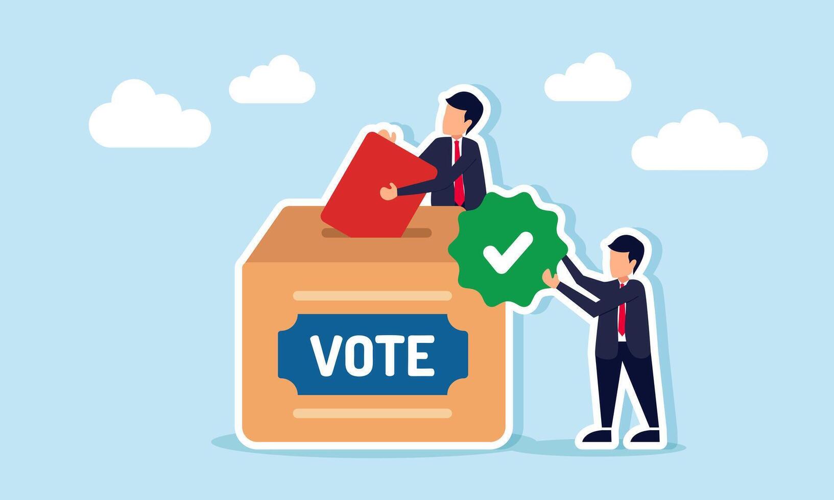 A businessman holds a check mark near a vote box while another inserts a vote paper, illustration of verification of vote result validity vector