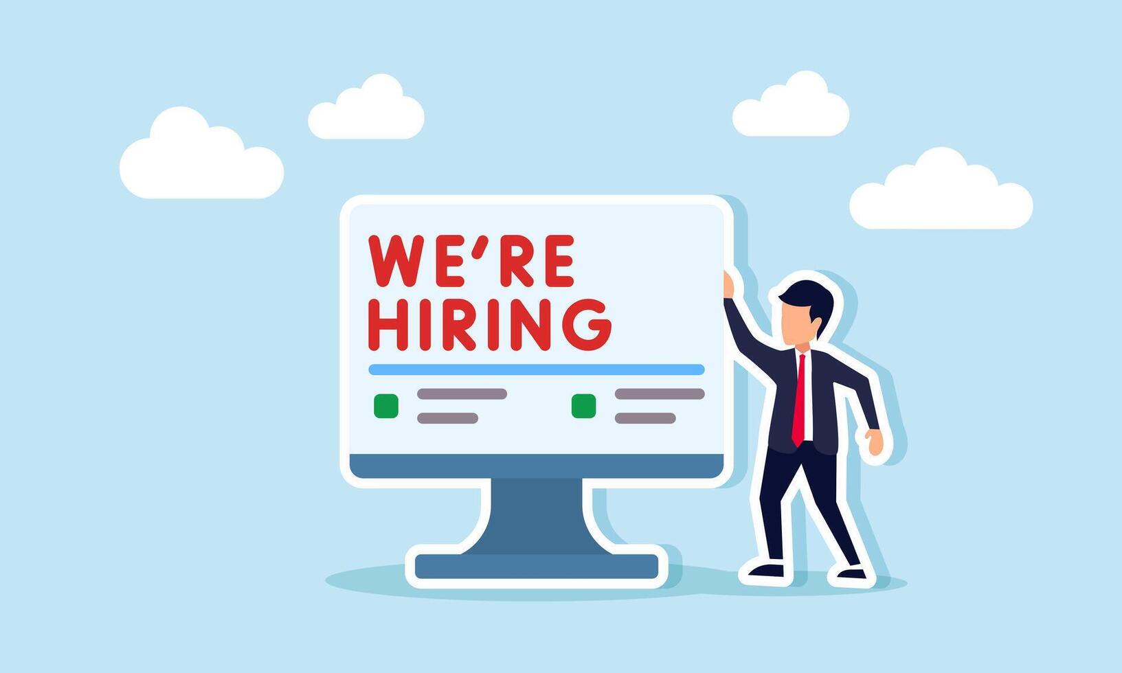 A businessman standing next to a monitor displaying the text WE ARE HIRING, illustration of promoting a job vacancy through an online platform or website vector