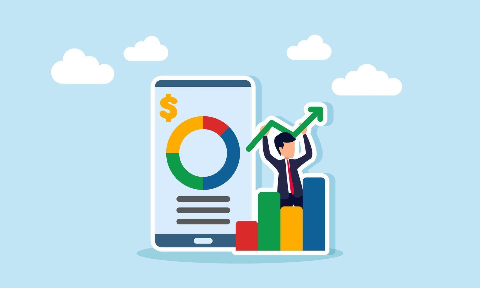 un empresario ascensores un creciente verde línea gráfico en pie Entre un grafico y un aplicación mostrando un circulo cuadro, ilustración de mejorado negocio actuación mediante negocio aplicaciones vector