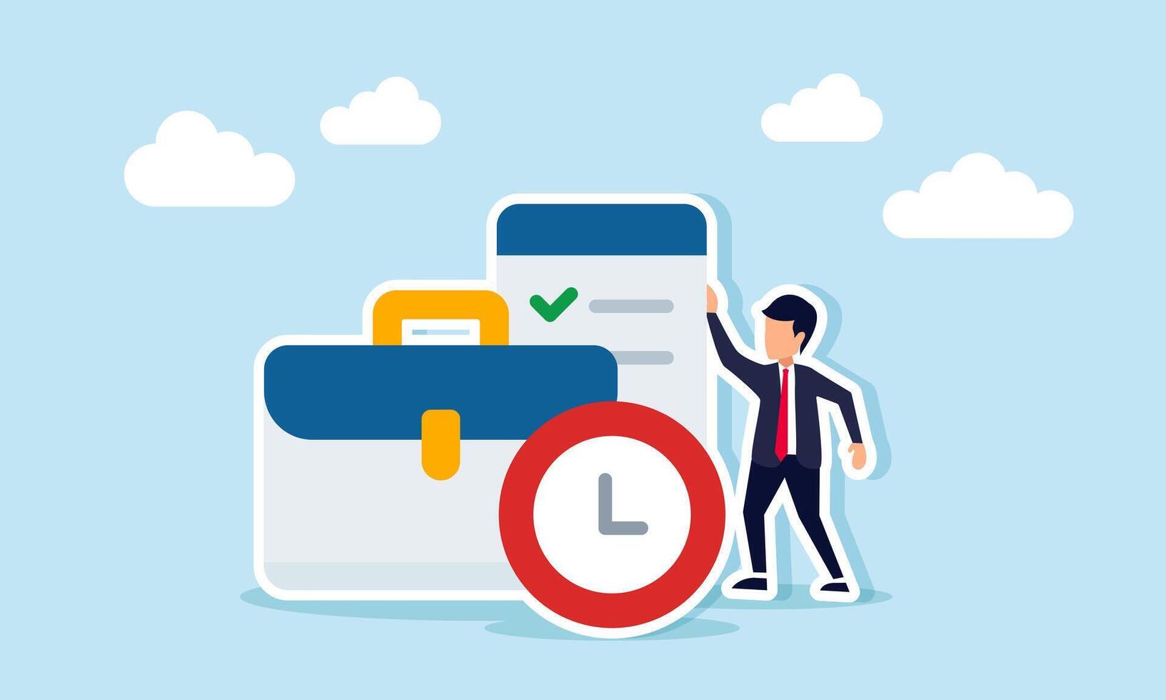A businessman stands next to a briefcase, clock, and checklist paper, illustration of designing a business time schedule to be effective and efficient vector