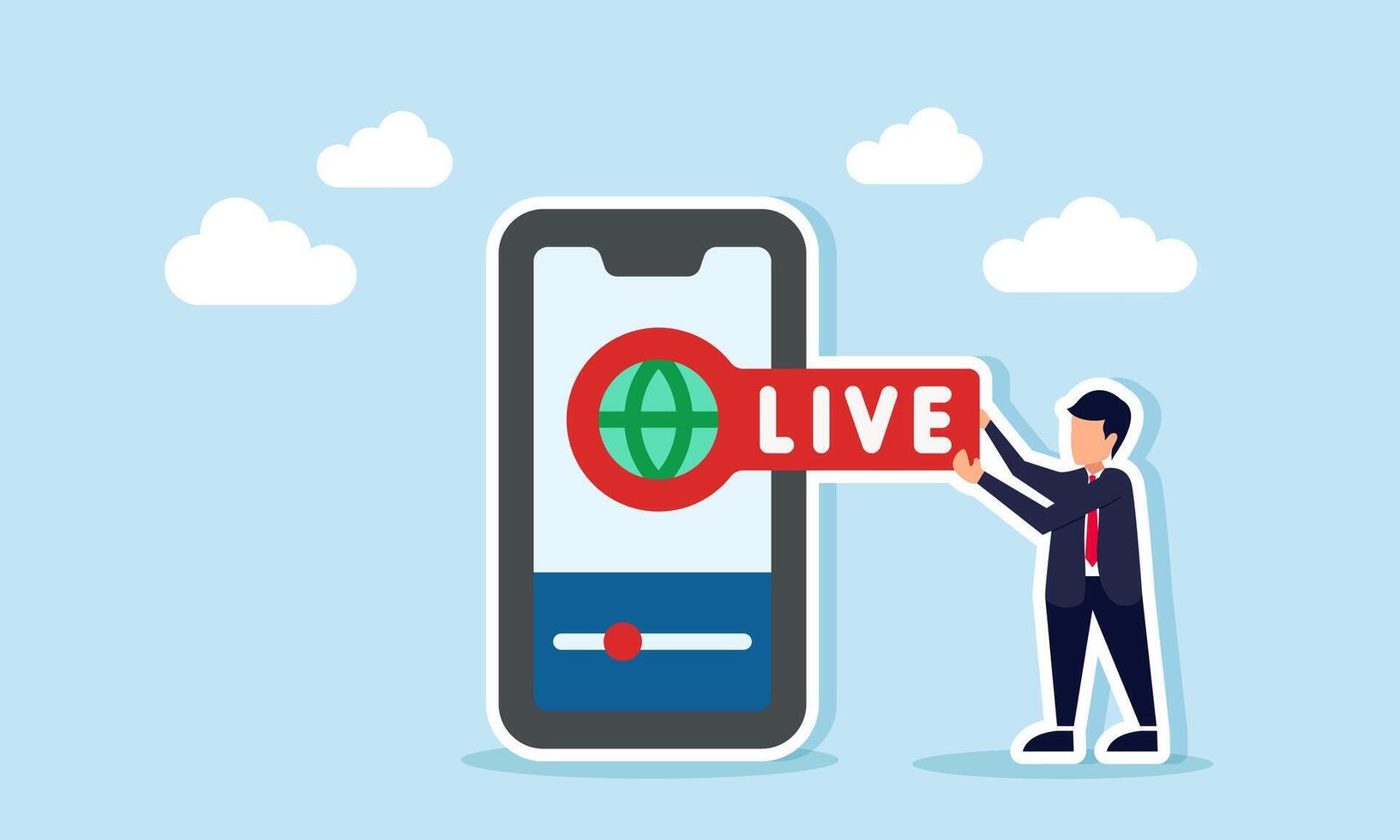 A businessman holds a live sign next to a smartphone, illustration of digital live streaming using a smartphone platform for broadcasting or content sharing vector