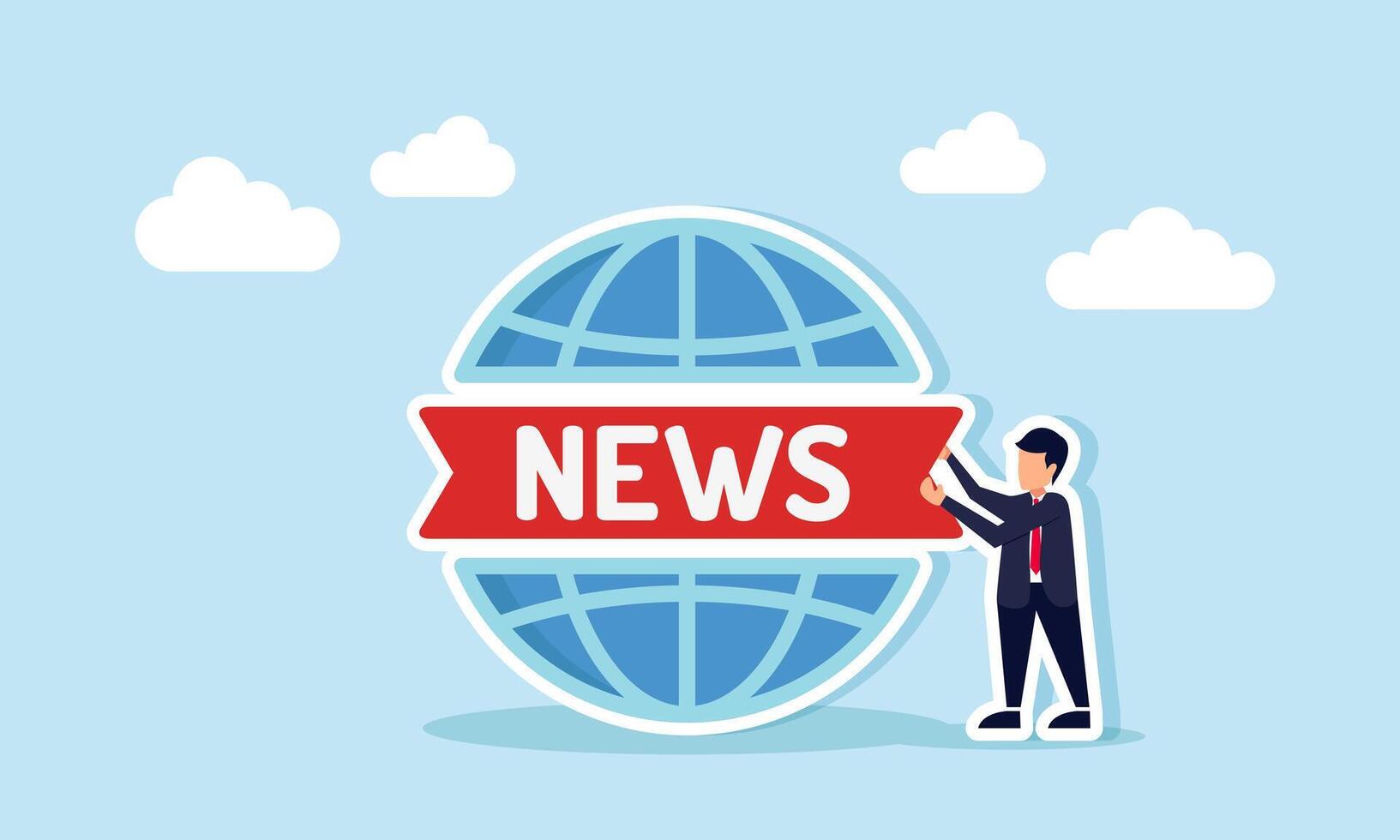 Businessman holding a ribbon labeled NEWS placed on a globe, illustration of business in the global news sector vector