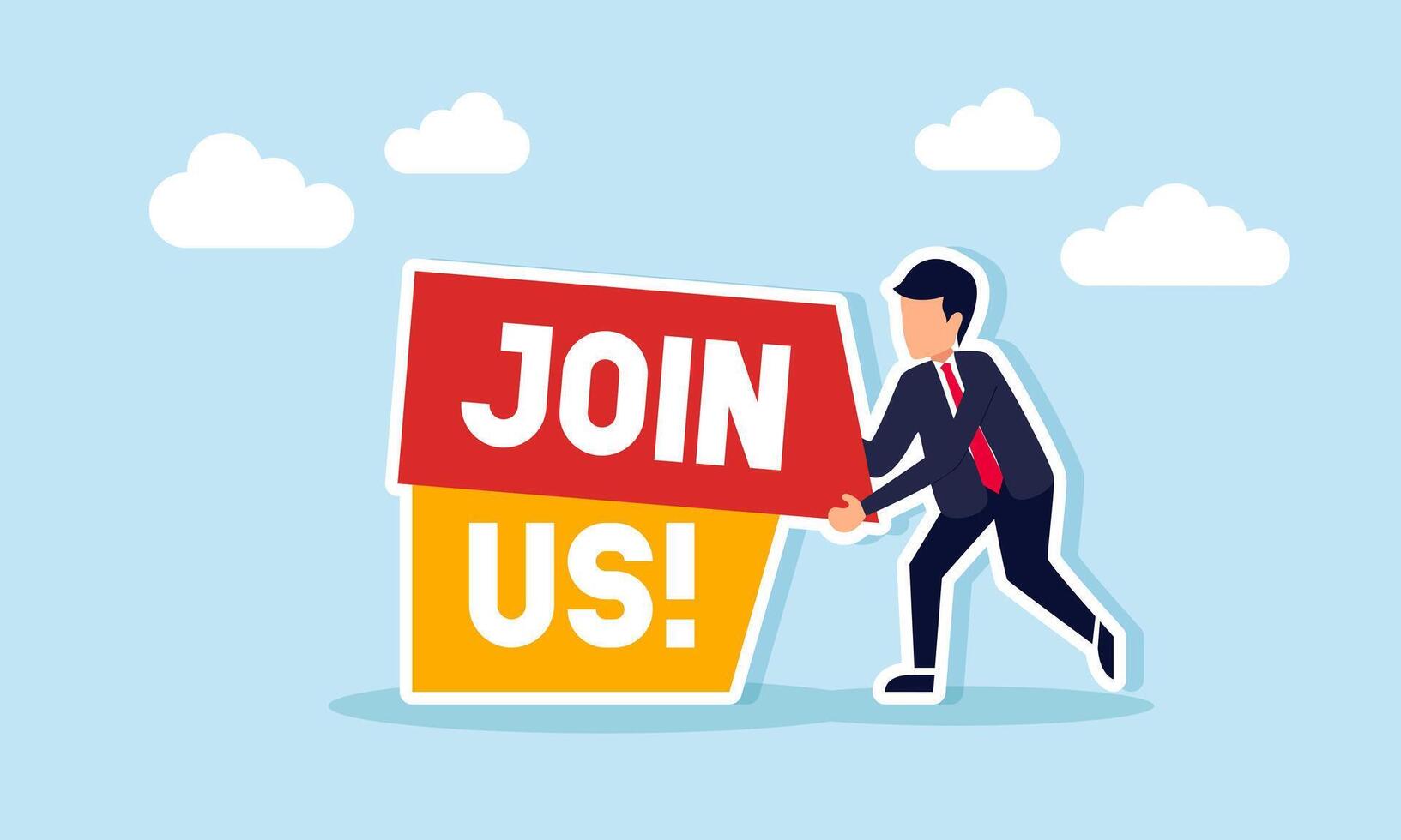 A businessman is arranging the words JOIN US, illustration of promotion and socialization related to company job vacancy vector