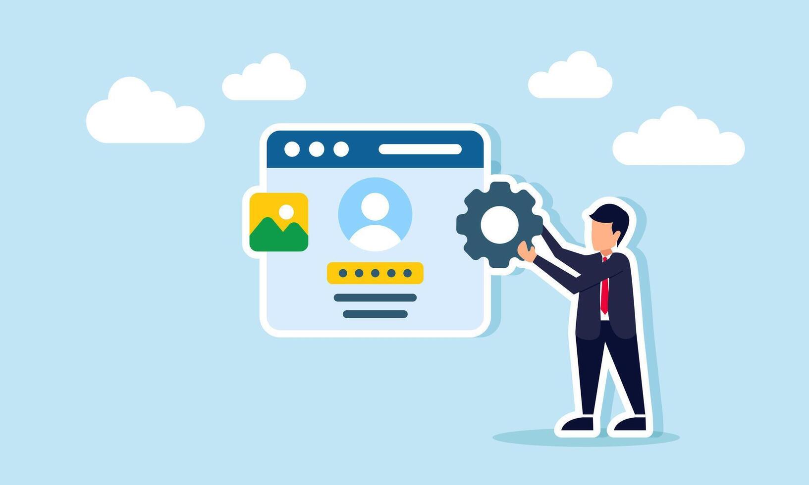 A businessman holds a gear beside an application platform interface showing a login landing page, illustration of account and document security maintenance in a business company vector
