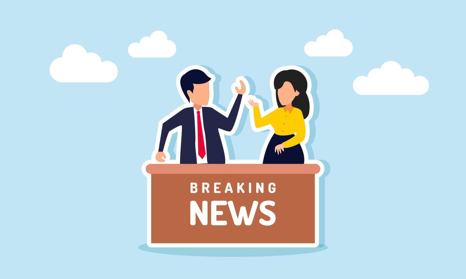 Businessman and businesswoman broadcast breaking news, illustration of delivering urgent and important news about current events through media and live communication vector