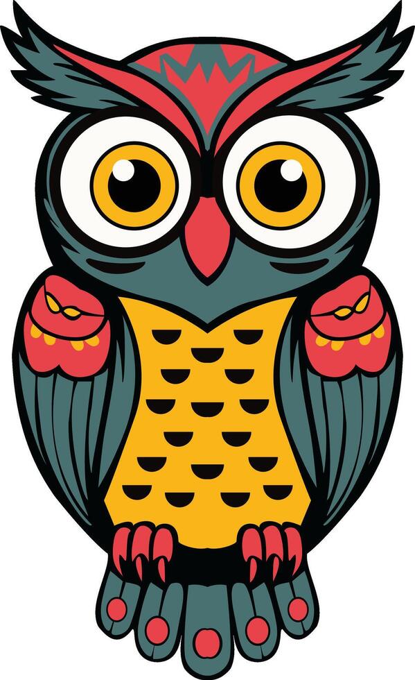 an owl with big eyes and a red and yellow feather vector