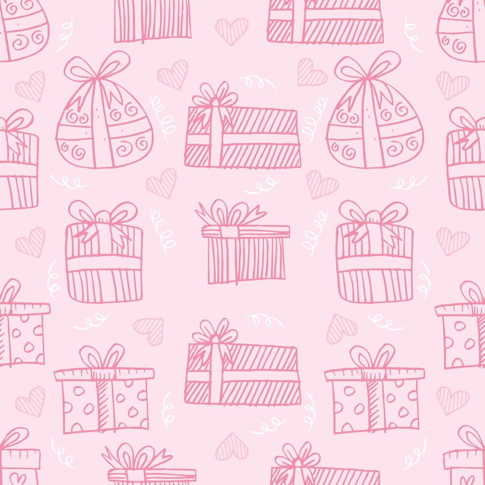 Seamless pattern with hand drawn gift boxes on pink background. vector