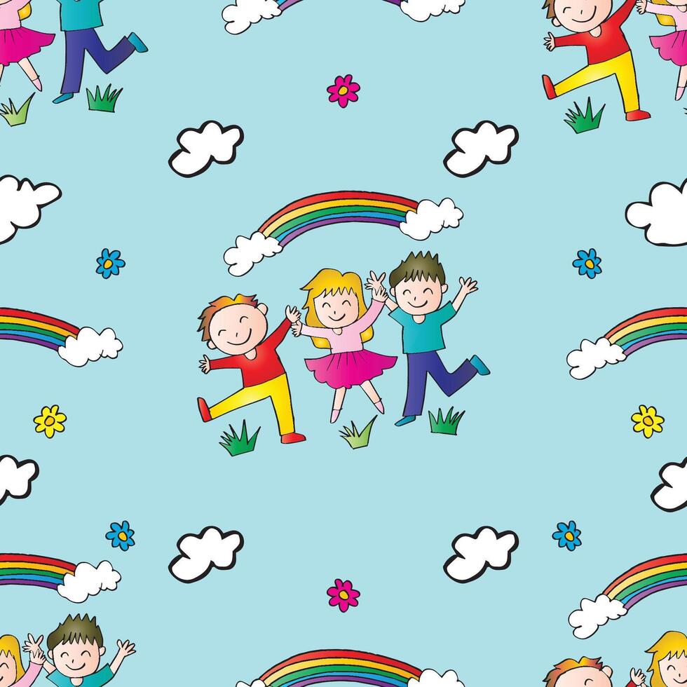 Seamless pattern with happy children and rainbow. vector