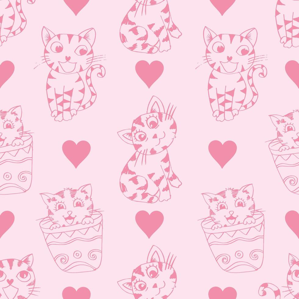 Seamless pattern with cute cats and heartson pink background.. vector