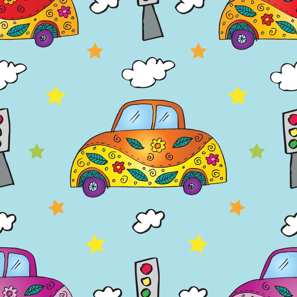 Seamless pattern with doodle cars. vector