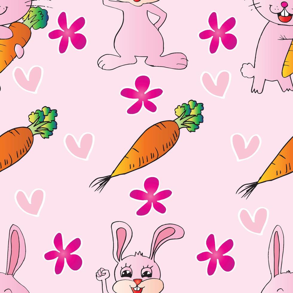Seamless pattern with cute bunny and carrots. vector