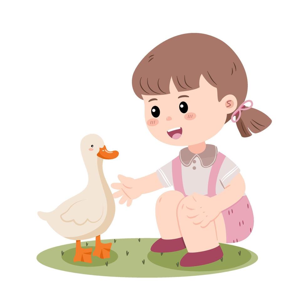 A cute little girl crouched down on a patch of grass, reaching out to a friendly white duck. vector