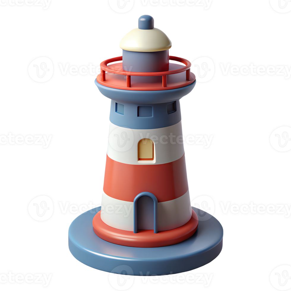 Adorable 3D Render of a Red White and Blue Lighthouse Illustration Perfect for Nautical Themes png