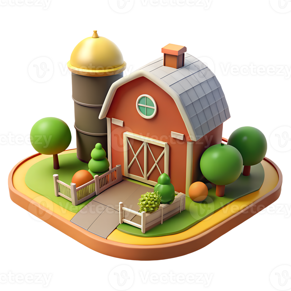Charming Cartoon Farm Scene Red Barn with Silo Trees and Fence png