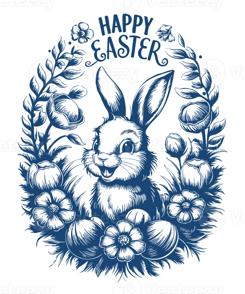 Happy Easter Bunny Vintage Floral Wreath Line Art T-shirt Design png