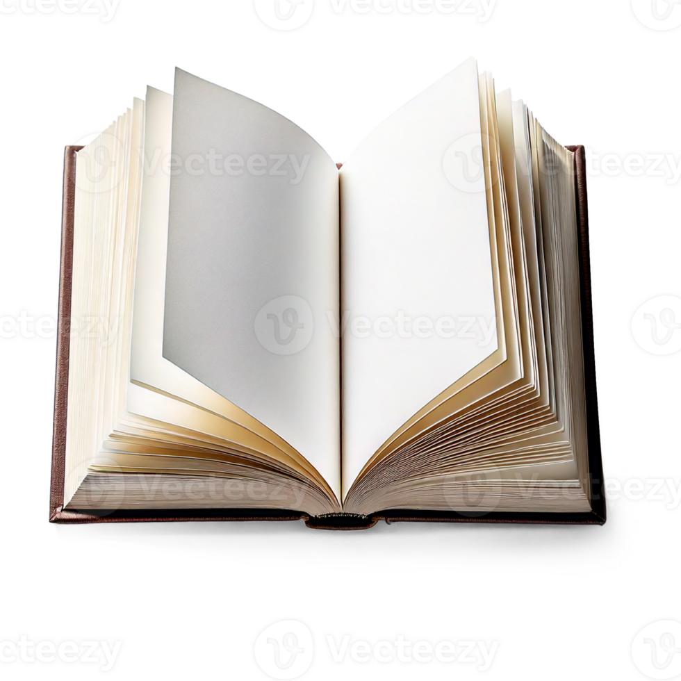 Open hardcover book with blank white pages, top view, transparent bg png