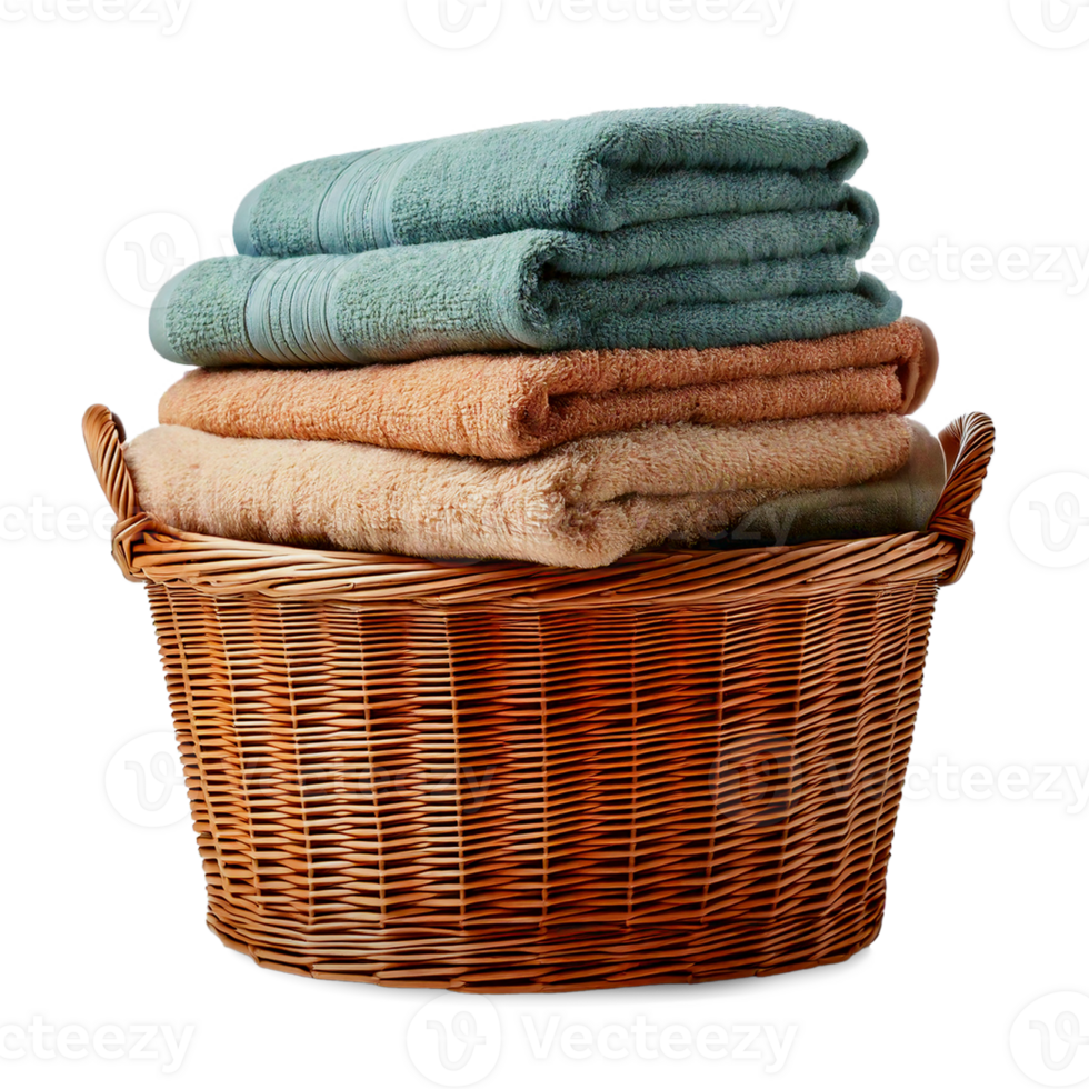 Laundry basket with folded towels, transparent background png