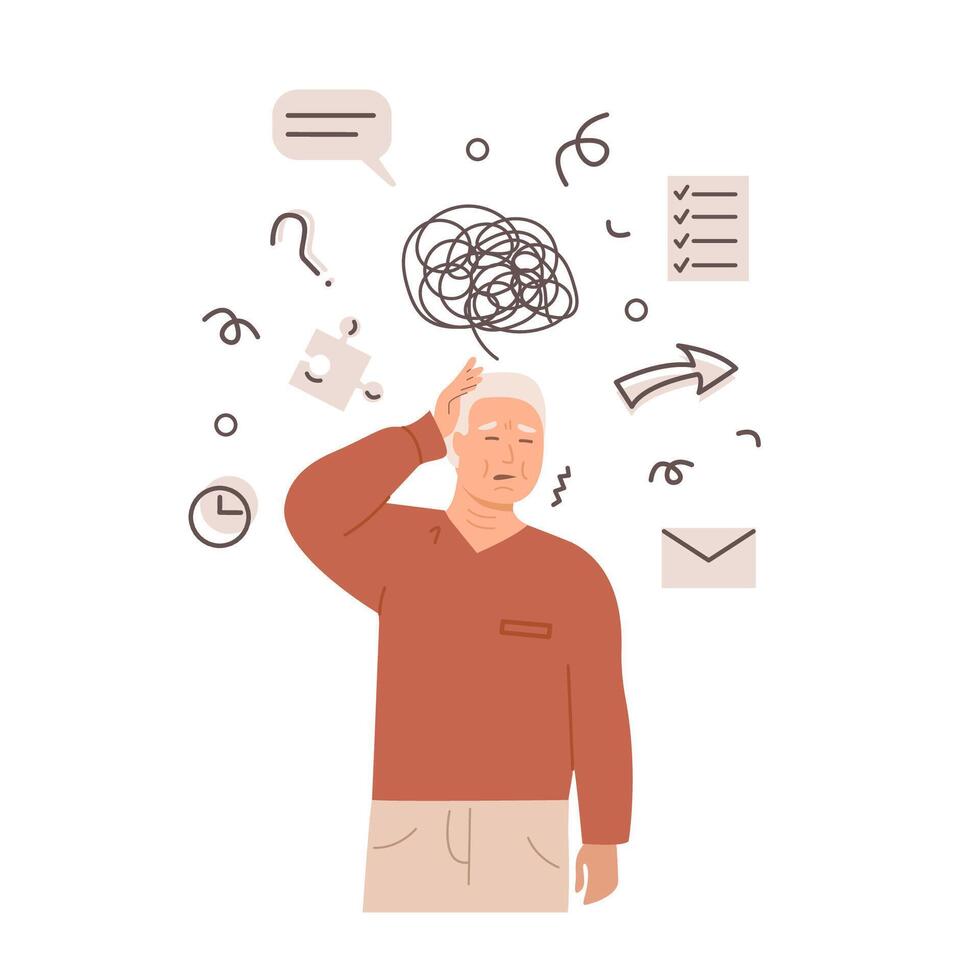Elderly man experiencing memory loss and confusion, holding head with a puzzled expression. Alzheimer or dementia symptoms medical concept illustration. Mental health of senior people. . vector