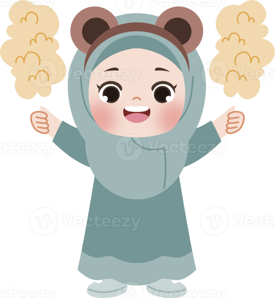 cute hijab girl wear bear ear bandana holding cotton candy png