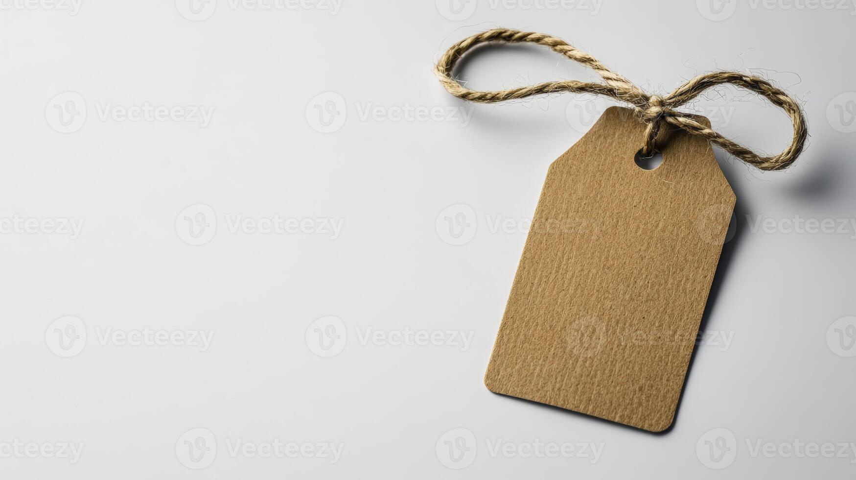 Blank Brown Kraft Paper Gift Tag With Twine On Gray Background photo