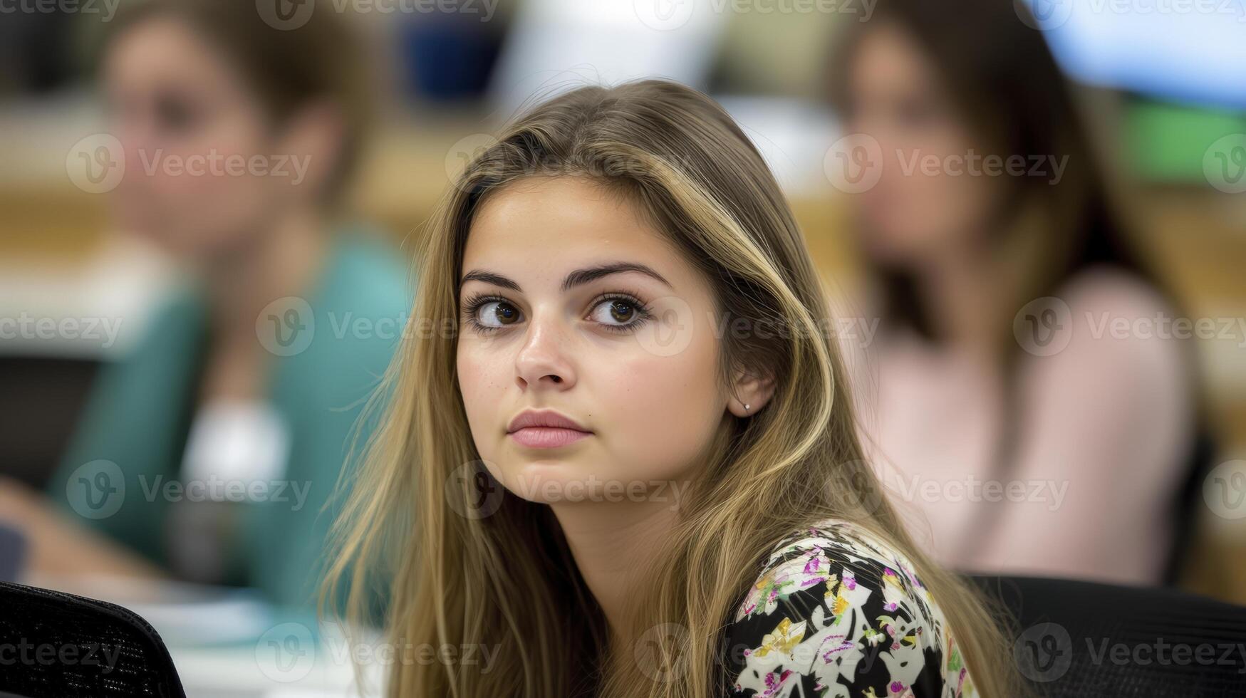 Portrait Of A Young Woman With Long Brown Hair In A Class Setting photo